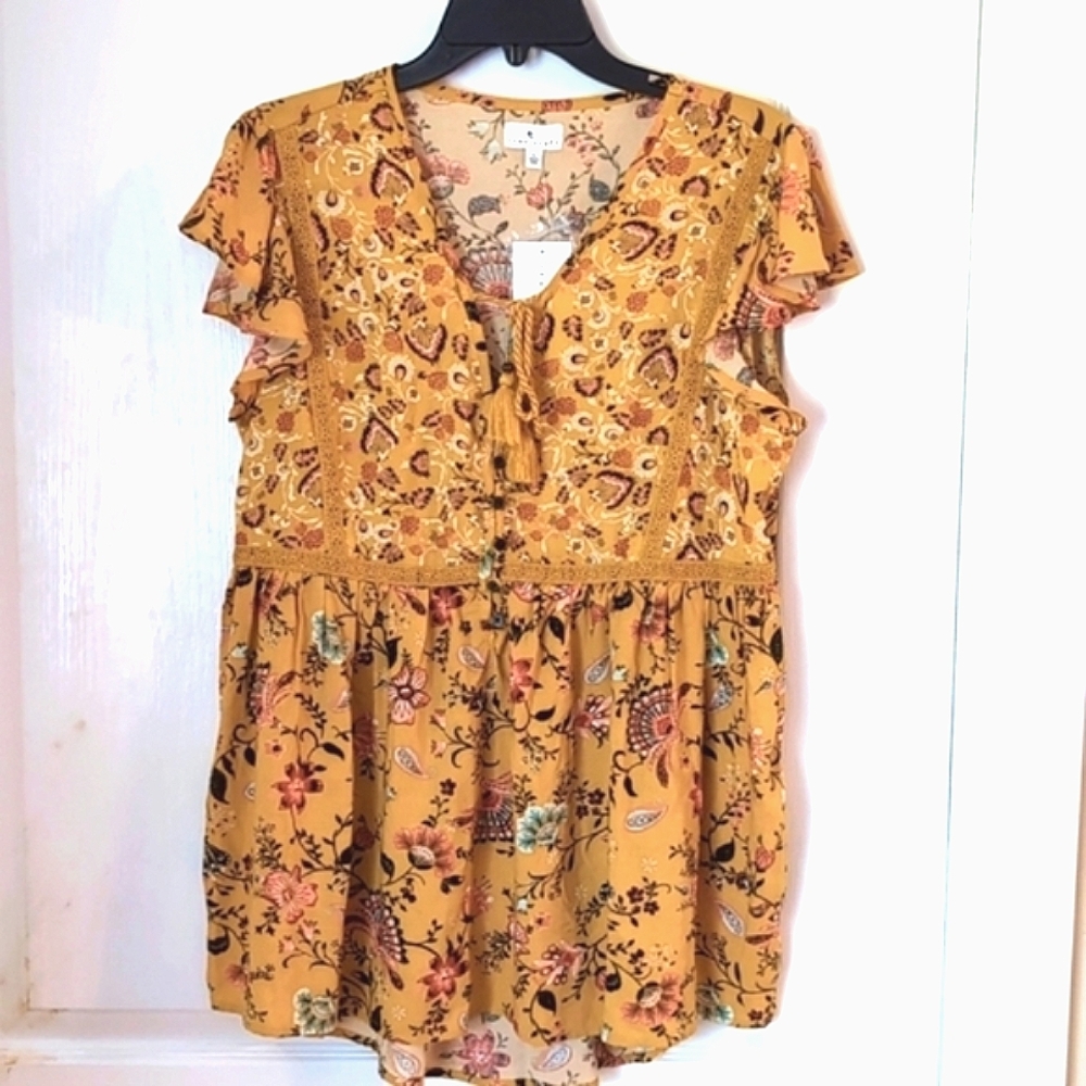 True Craft Flutter Sleeve Saffron Floral Top. Size Large $48. Boho - Picture 2 of 16
